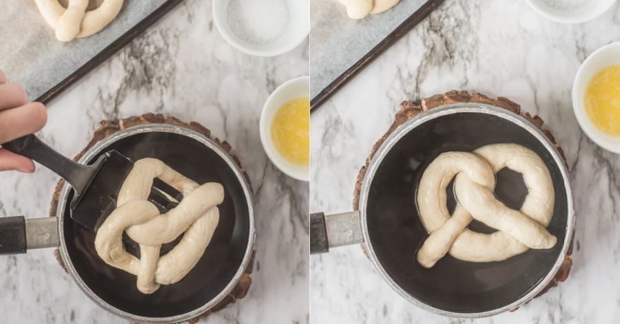 2 images showing pretzel dough being placed in soda bath