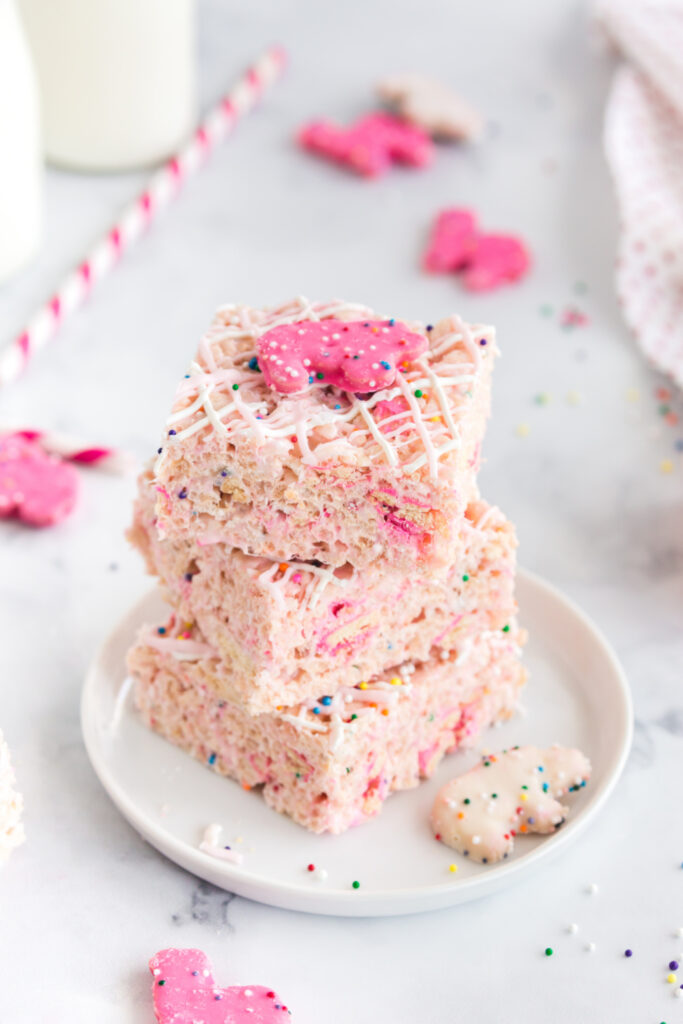 3 rice krispie treats stacked on a plate