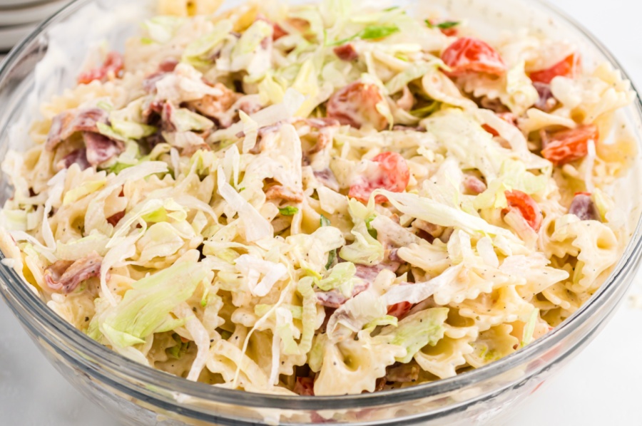 BLT Pasta Salad in a glass bowl