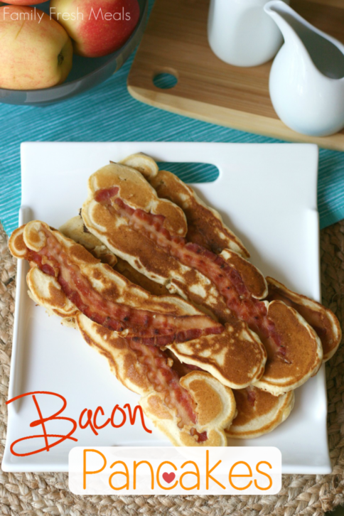 Stack of Bacon Pancakes on a white plate