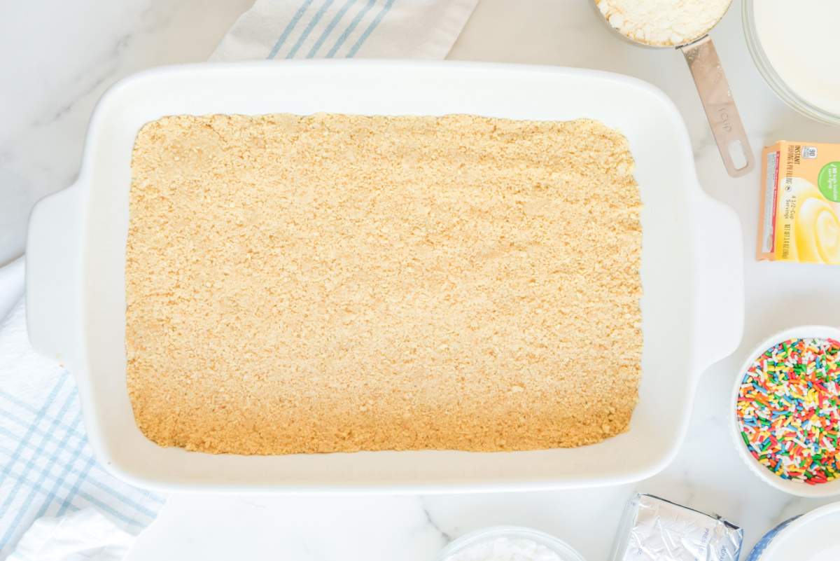 crumbs pushed into bottom of baking dish