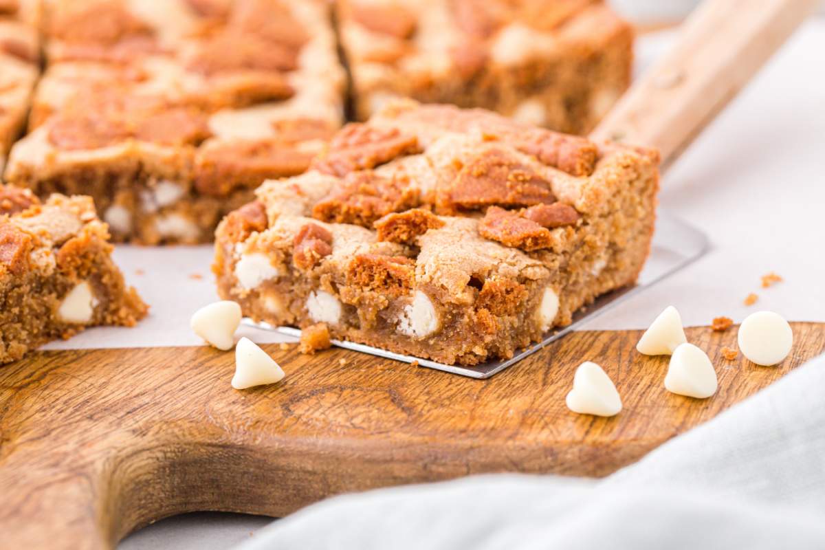 Biscoff Blondies on a cutting board