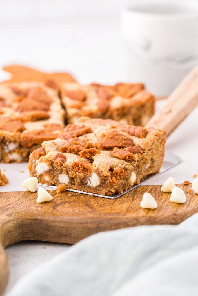 Biscoff Blondies on a cutting board