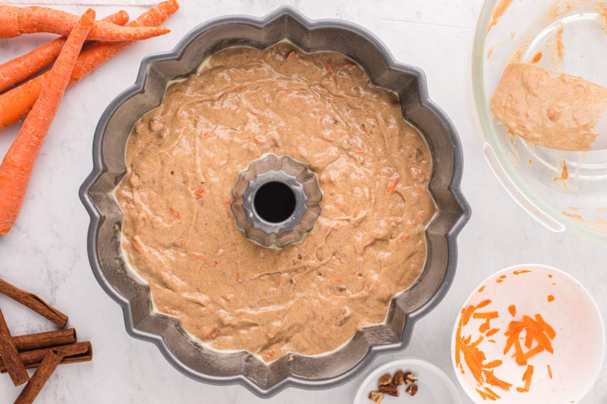 cake batter in bundt pan