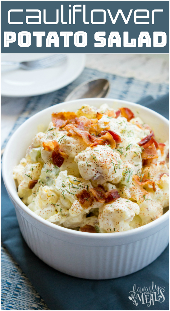 Low Carb Cauliflower Potato Salad #familyfreshmeals #cauliflower #potatosalad #lowcarb #lowcarbpotatosalad #keto #paleo #cauliflowerpotatosalad #salad #bbq #sidedish via @familyfresh