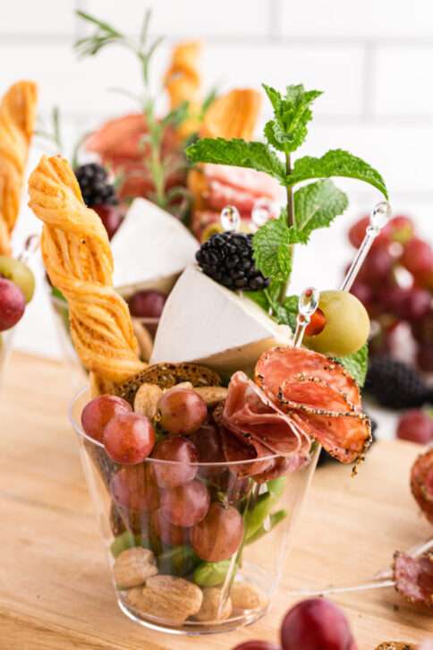 Charcuterie Cups on a cutting board