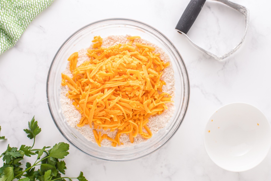 shredded cheese added to the mixing bowl