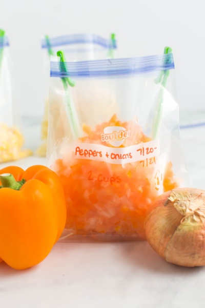 Chopped peppers and onions in storage bag