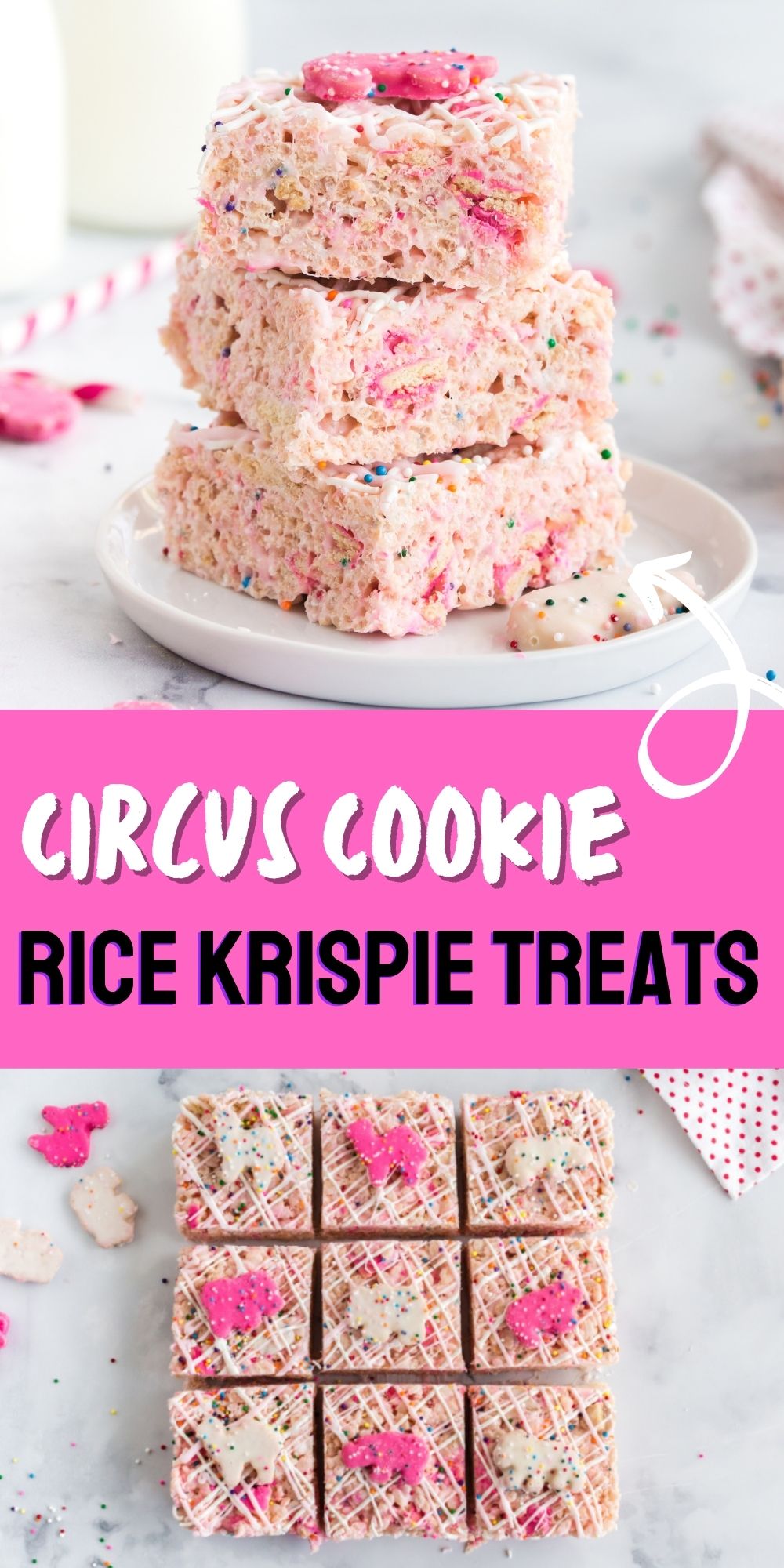 A favorite kid snack topped with a favorite kid cookie – what could be better? Meet my Circus Animal Cookie Rice Krispie Treats recipe! via @familyfresh