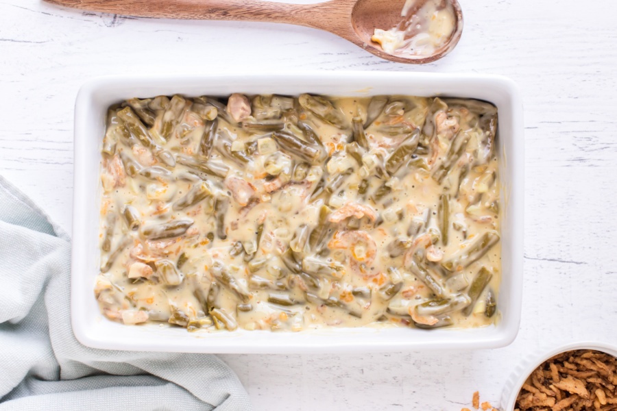 green bean casserole in baking pan