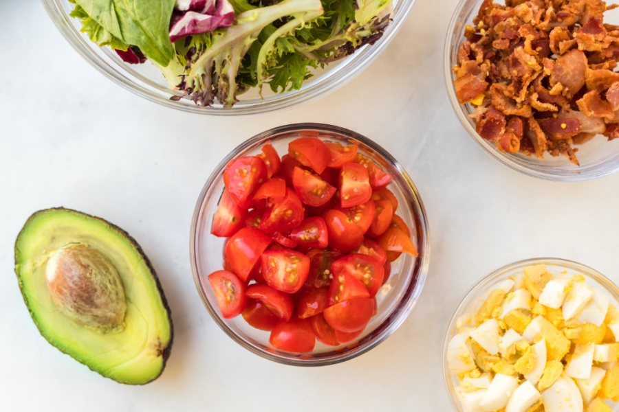 ingredients for cobb salad in bowls