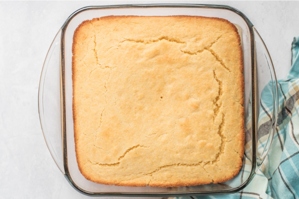 cooked cornbread in a baking dish