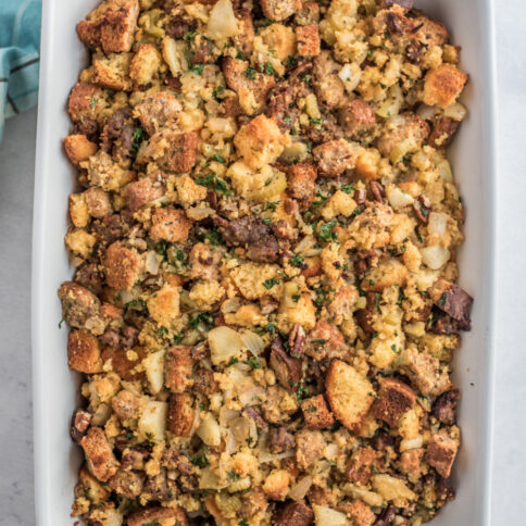 cornbread stuffing in a baking dish