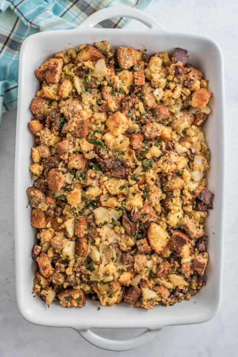 cornbread stuffing in a baking dish