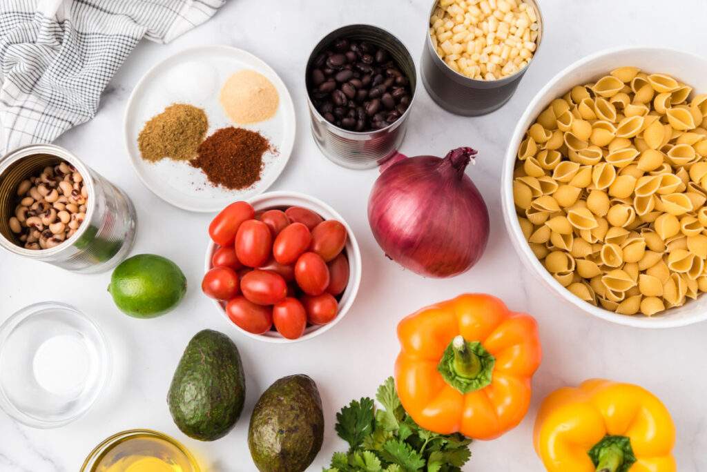 ingredients for Cowboy Caviar Pasta Salad recipe from Family Fresh Meals