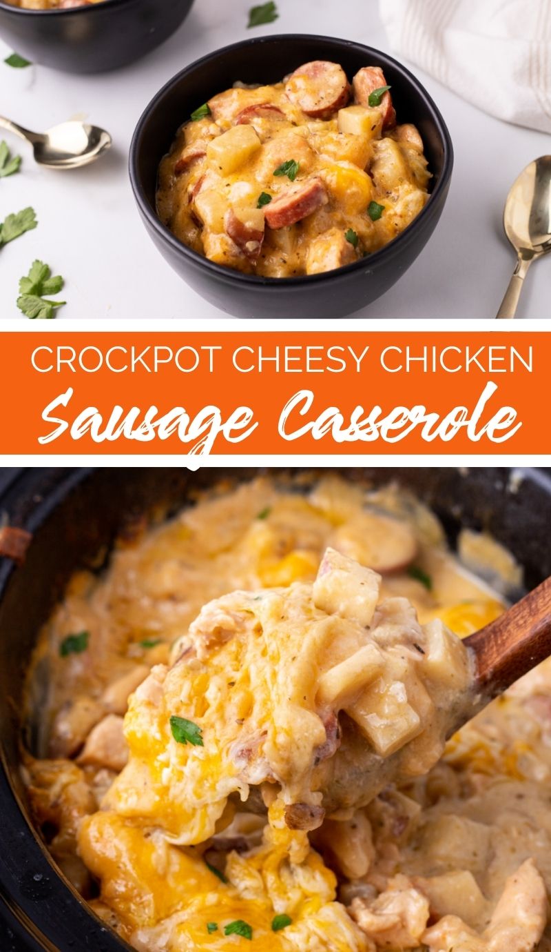 Are you looking for an easy, one-pot meal that will feed your family? Look no further than this crockpot Crockpot Cheesy Chicken Sausage Casserole. via @familyfresh