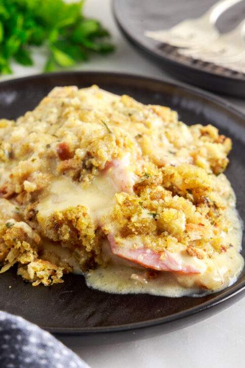 Crockpot Chicken Cordon Bleu and Stuffing on a plate