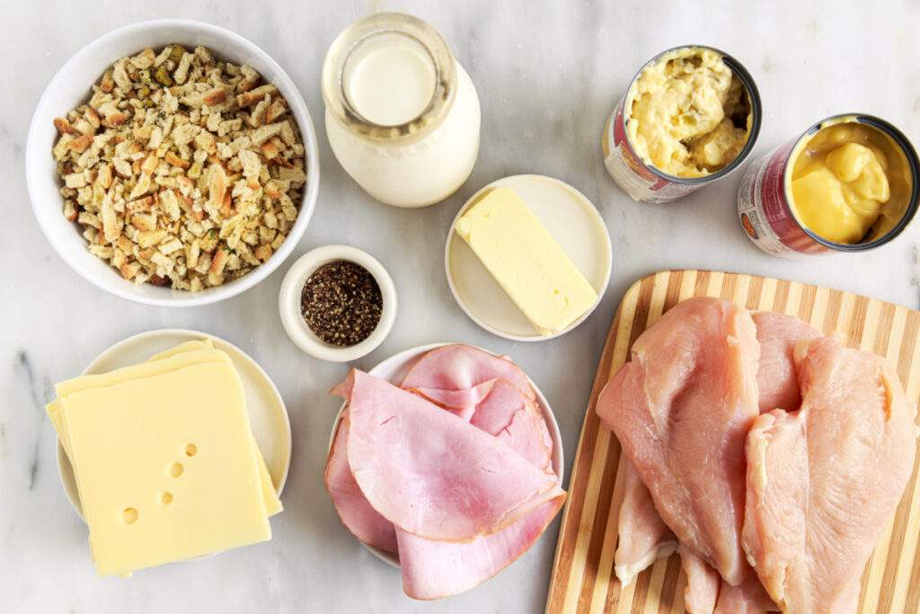 Ingredients for crockpot chicken cordon bleu and stuffing