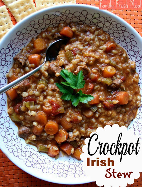 Crockpot Irish Stew served in a white bowl