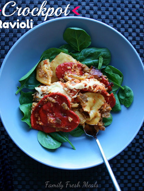 Crockpot Ravioli served in a blue bowl