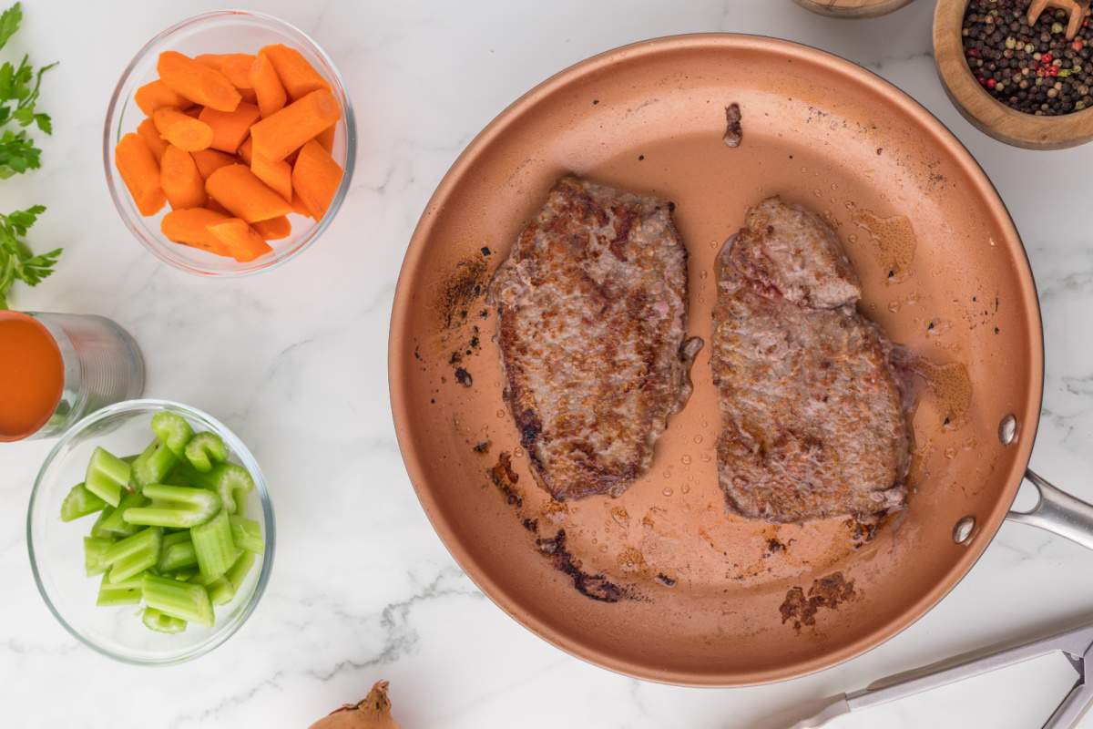 browning steak in pan