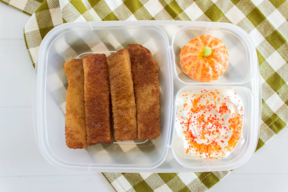 Cute Fall Lunchbox Ideas - French toast sticks, oranges and yogurt