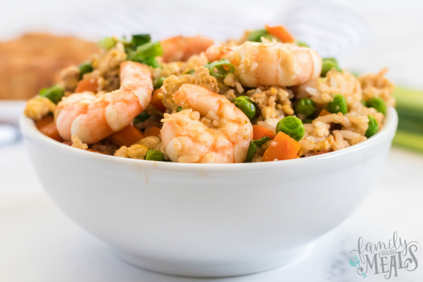 Easy Shrimp Fried Rice - Served in a white bowl