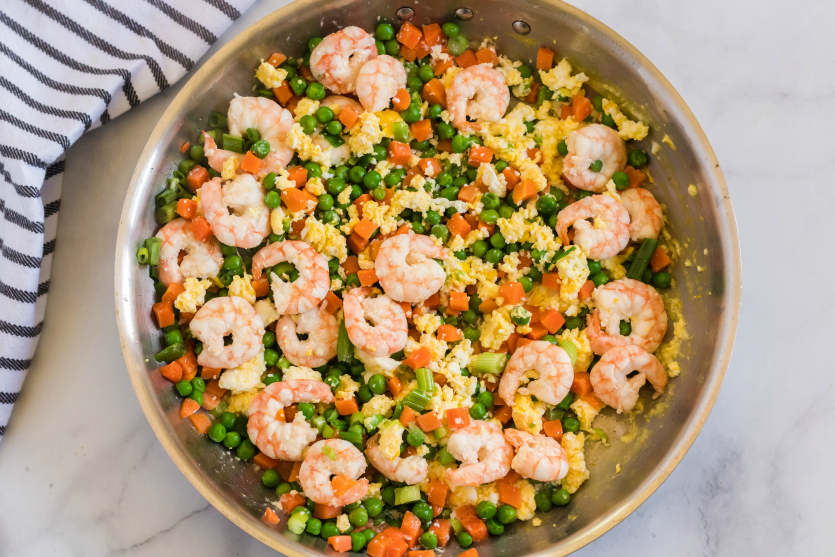 Easy Shrimp Fried Rice - eggs cooked and mixed in the shrimp and vegetables - Family Fresh Meals