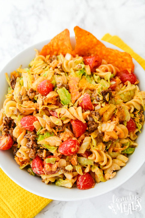 Easy Taco Pasta Salad Recipe - served in a white bowl