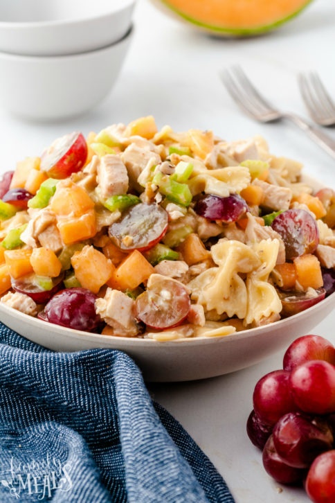 Fresh Fruity Chicken Pasta Salad served in a white bowl