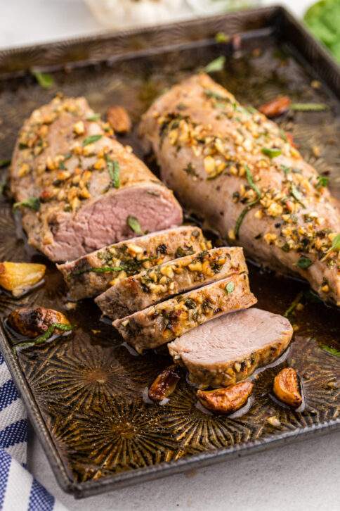 Garlic Roasted Pork Tenderloin on a pan