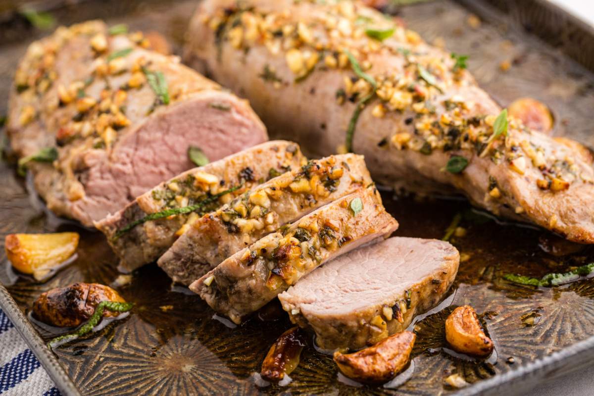 Garlic Roasted Pork Tenderloin on a pan