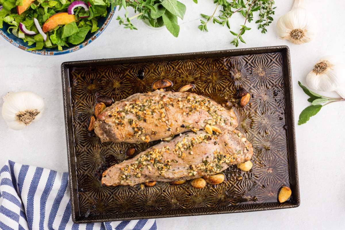 cooked pork on a baking sheet