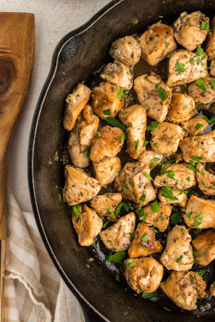 Garlic butter chicken bites in a pan