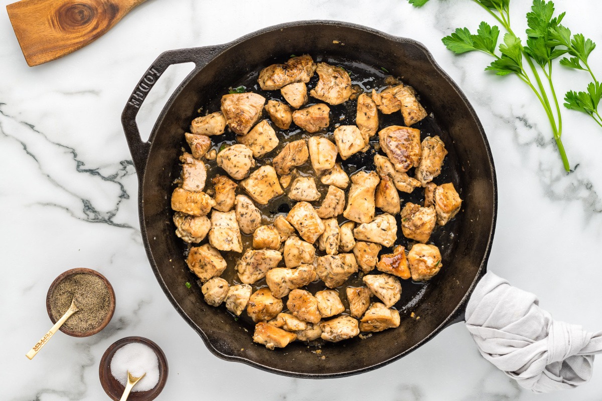 Garlic butter chicken bites in a pan