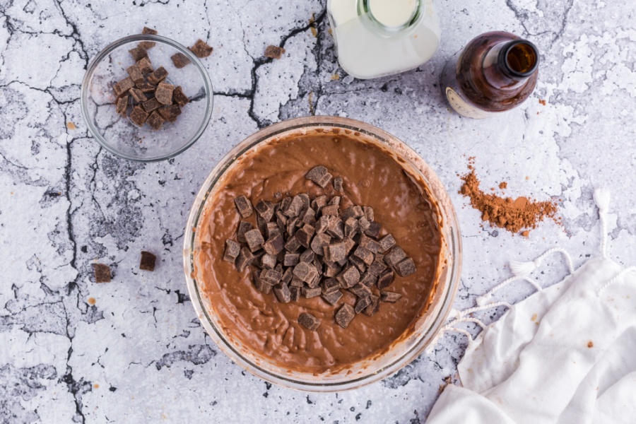 chocolate pieces added to mixing bowl