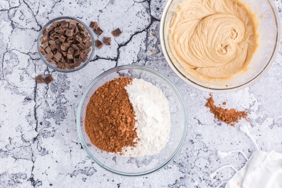 flour, cocoa powder, and baking soda in a separate mixing bowl