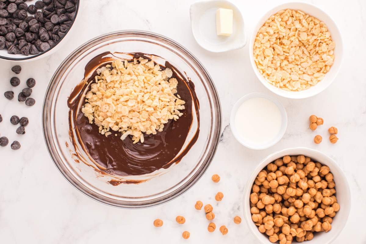 rice krispies added to melted chocolate