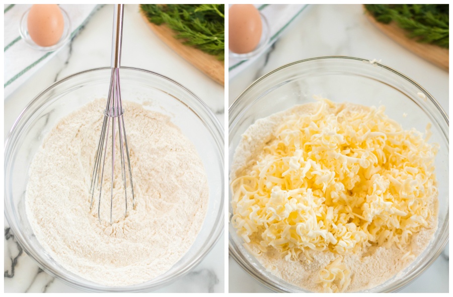  flour and shredded butter being mixed in a glass mixing bowl