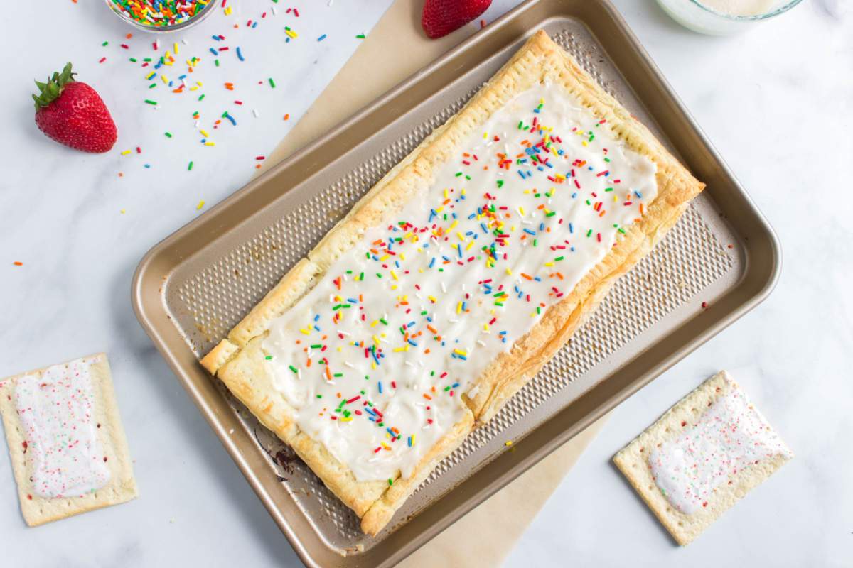 Homemade Giant Frosted Pop Tart on baking pan