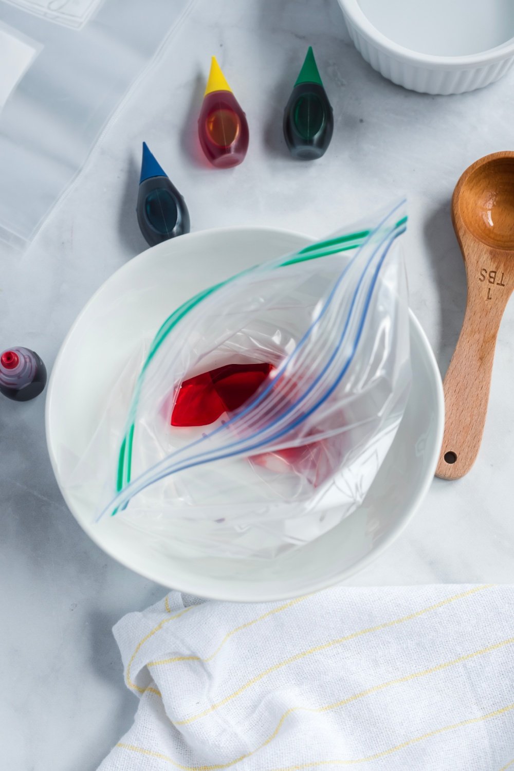 food coloring in water in a ziplock bag