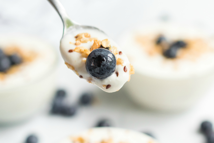 How to make Yogurt in the Instant Pot - spoonful of yogurt with blueberries