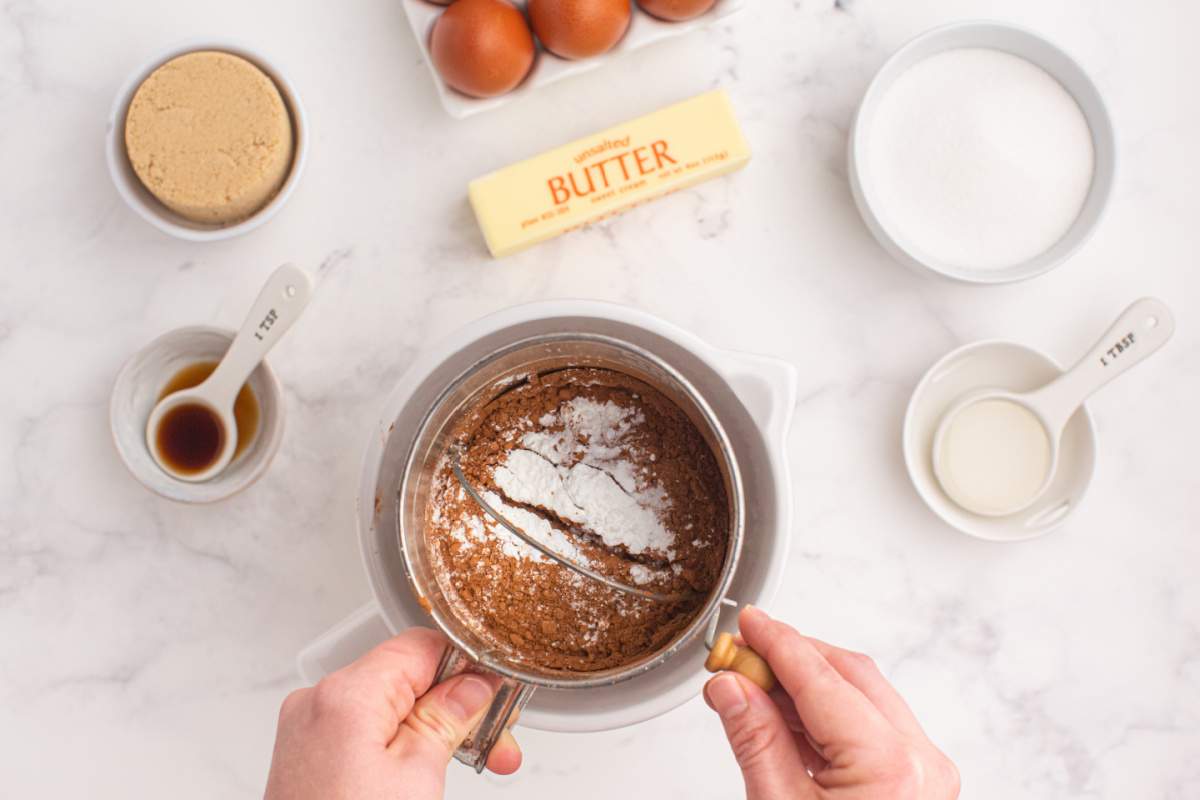 flour, cocoa powder, cornstarch and salt in a mixing bowl