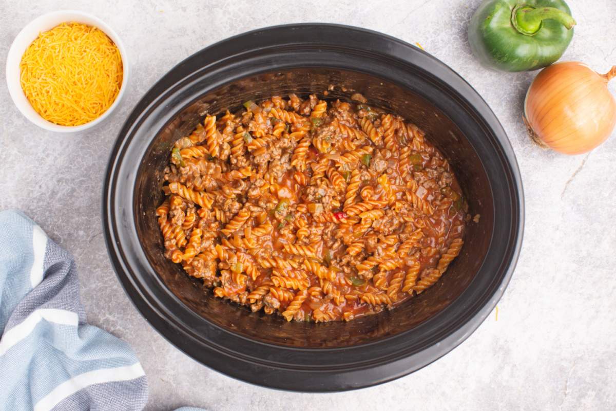 beef pasta mixture in slow cooker