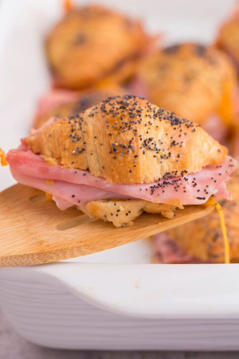 One Baked Ham and Cheese Croissants on a serving spatula