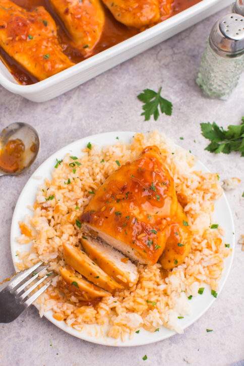 Baked Apricot Chicken on a bed of rice