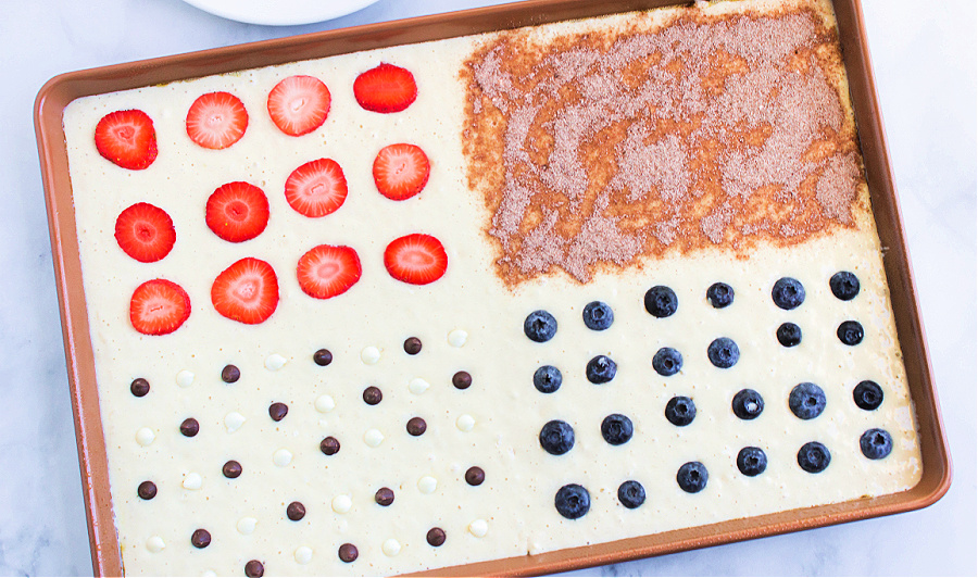 toppings added to top of pancake batter in sheet pan