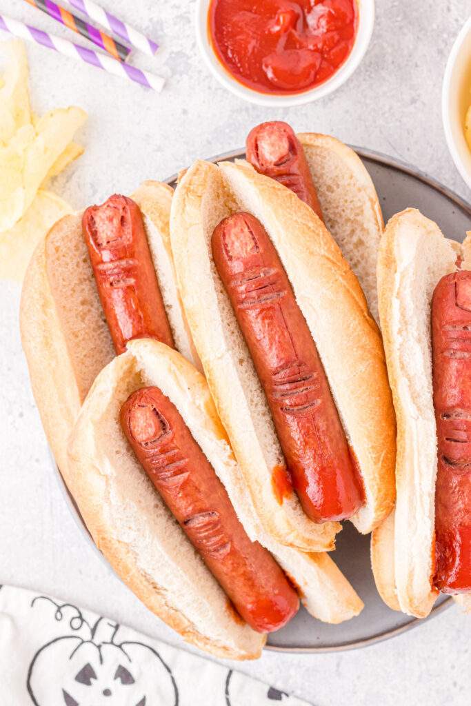 Halloween Witch Hot Dog Fingers on a plate