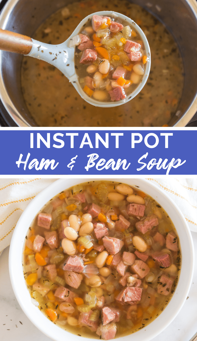 This Instant Pot Ham and Bean Soup can also be made in your slow cooker. It's packed with fresh veggies, beans and is the perfect recipe for leftover ham. #instantpot #ham #bean #soup via @familyfresh