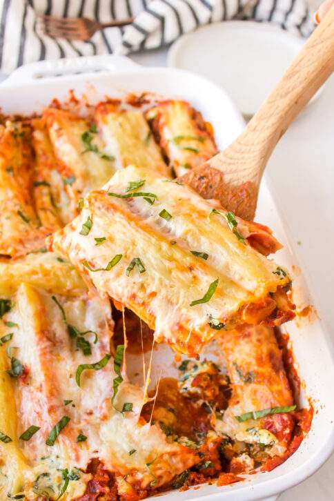 Italian Sausage Manicotti in a baking pan